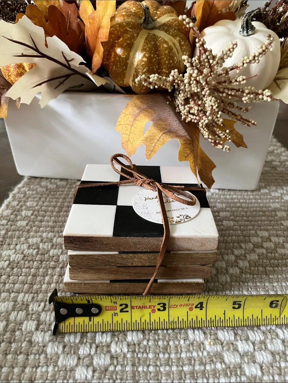 Checkerboard Coaster Set with Brown Trim - White & Black